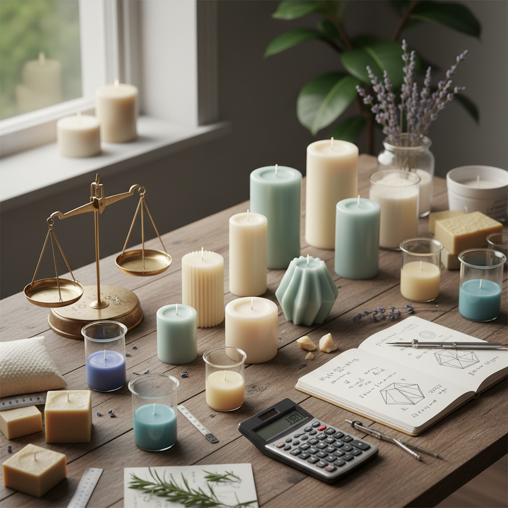 Velas artesanais, balança, calculadora e caderno com fórmulas, indicando precisão na fabricação.