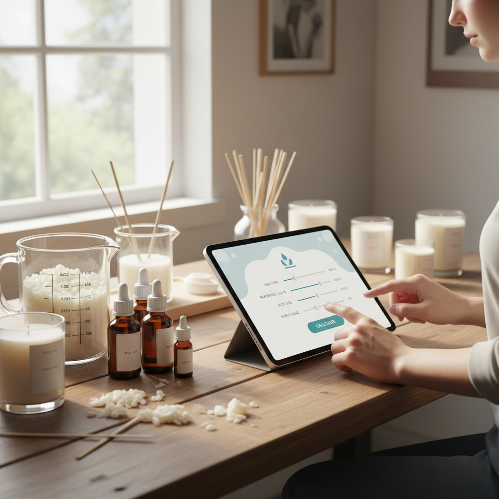 Mulher usa calculadora de velas online em tablet, com ingredientes para velas ao redor.