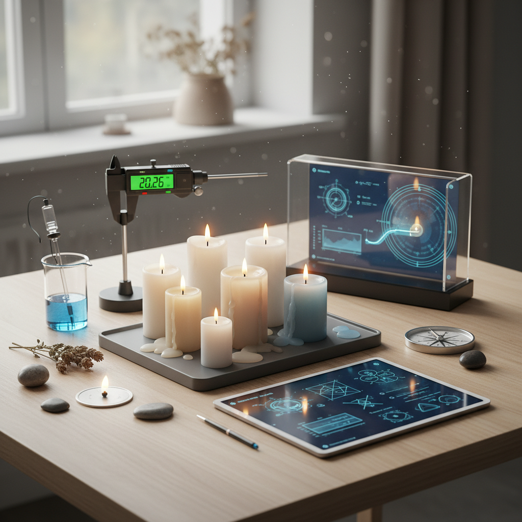 Velas artesanais sendo medidas e analisadas com tecnologia para ajustes finos.