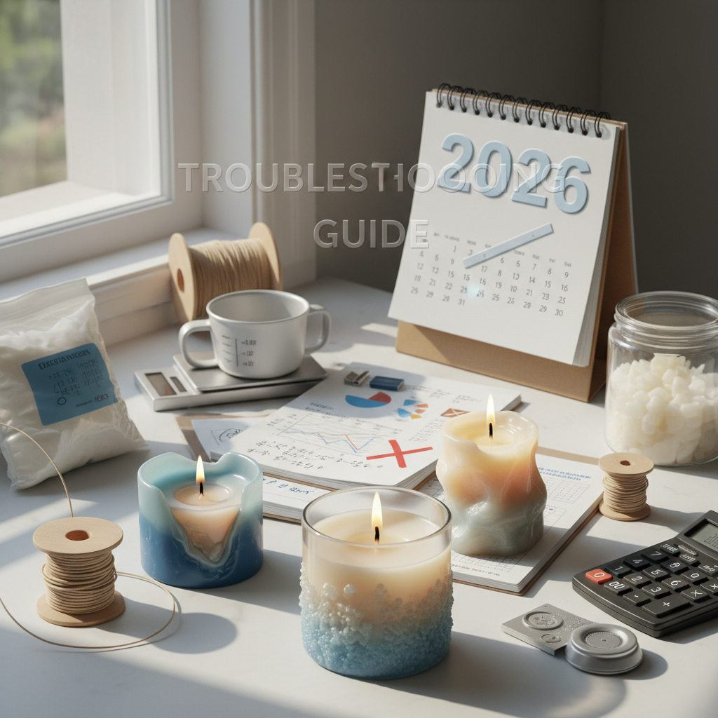 Velas artesanais, balança, calculadora e calendário 2026 sobre mesa, com gráficos.