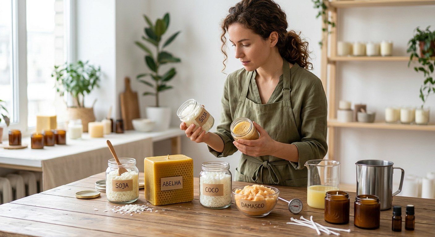 Mulher compara potes de cera de soja e de abelha, com ingredientes para velas artesanais.