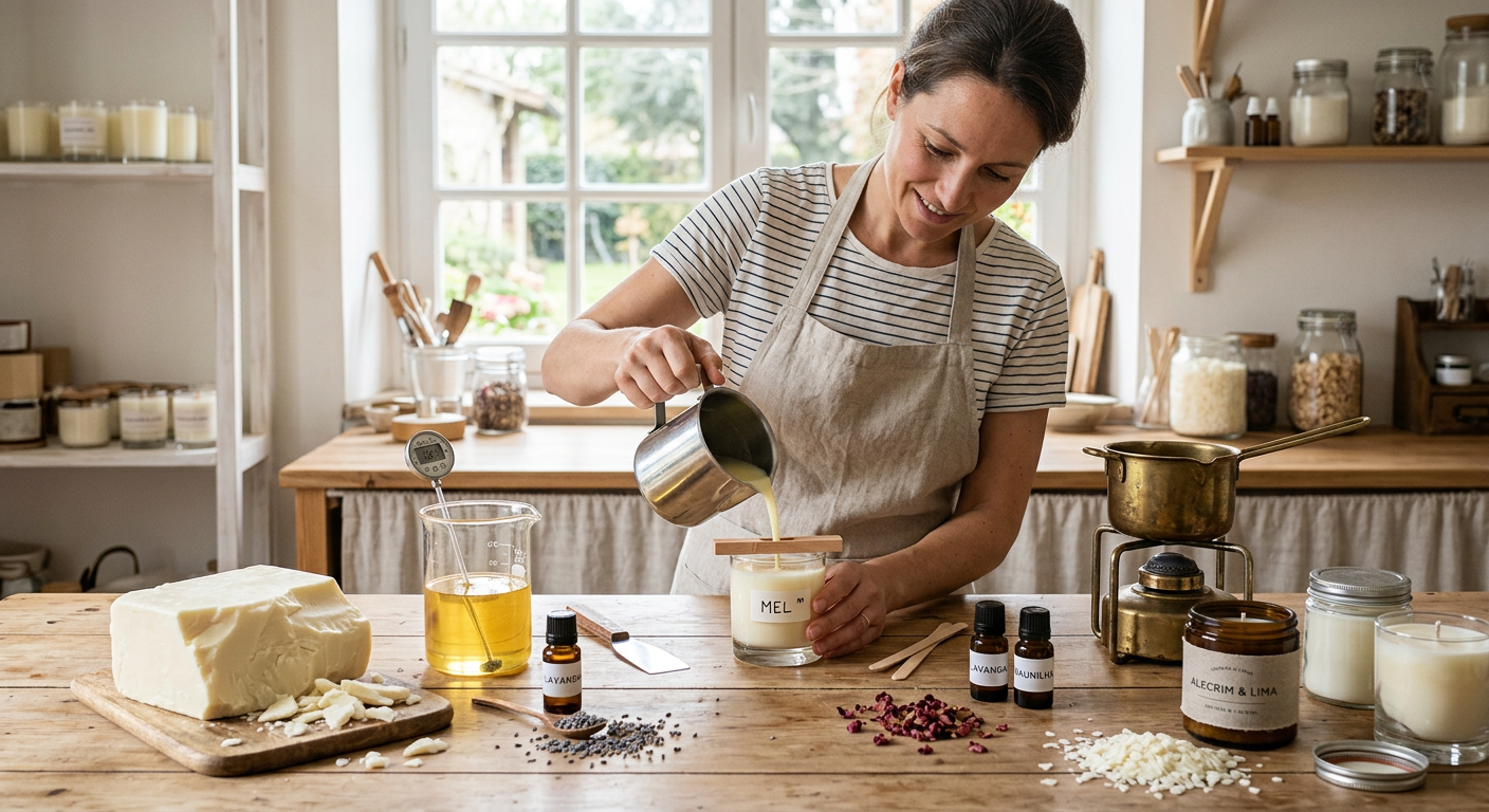 Artesã despeja cera de soja derretida em um copo para fazer vela artesanal.