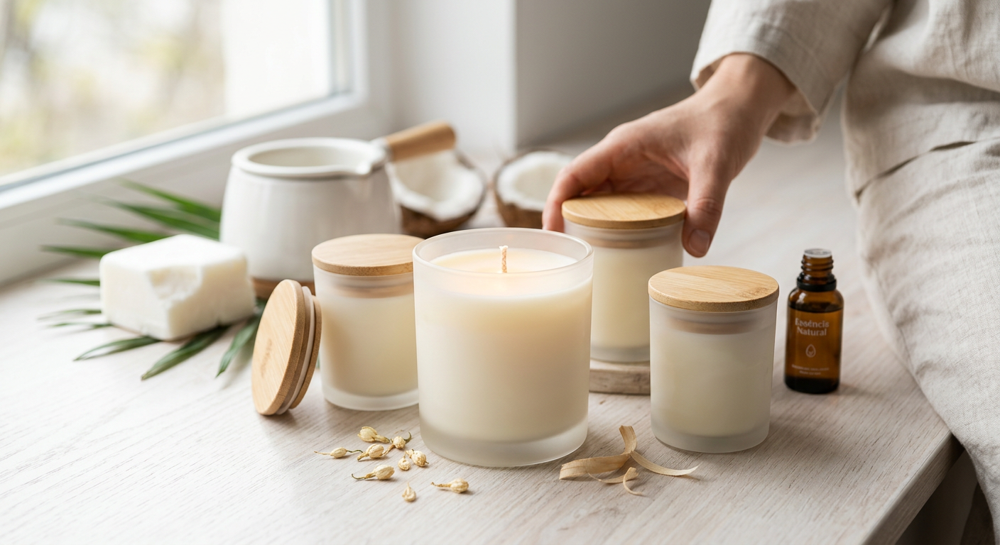 Velas artesanais de cera de coco, com tampa de bambu, ao lado de coco e essência natural.