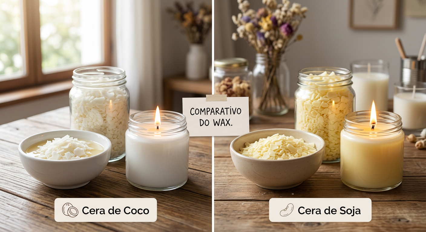 Comparativo de cera de coco e cera de soja para velas artesanais.