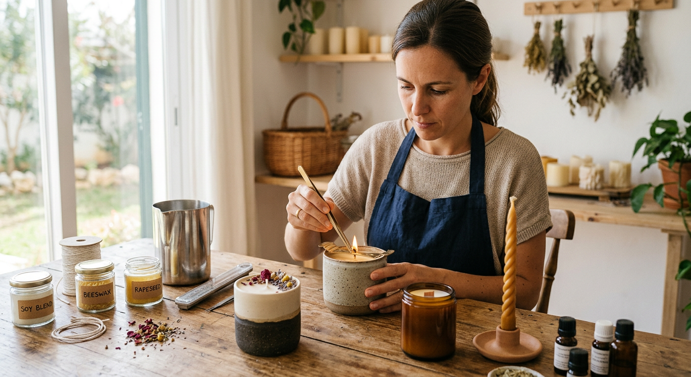 Mulher cria velas artesanais com cera de soja, abelha e colza, usando ferramentas e óleos essenciais.