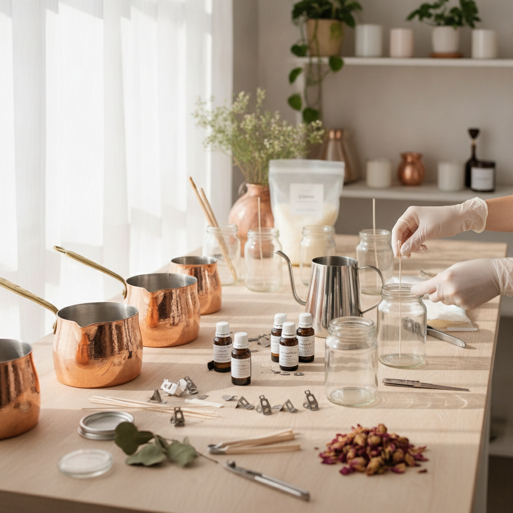 Mãos com luvas preparam um pavio em um pote de vidro, cercado por ferramentas de fabricação de velas de cobre.