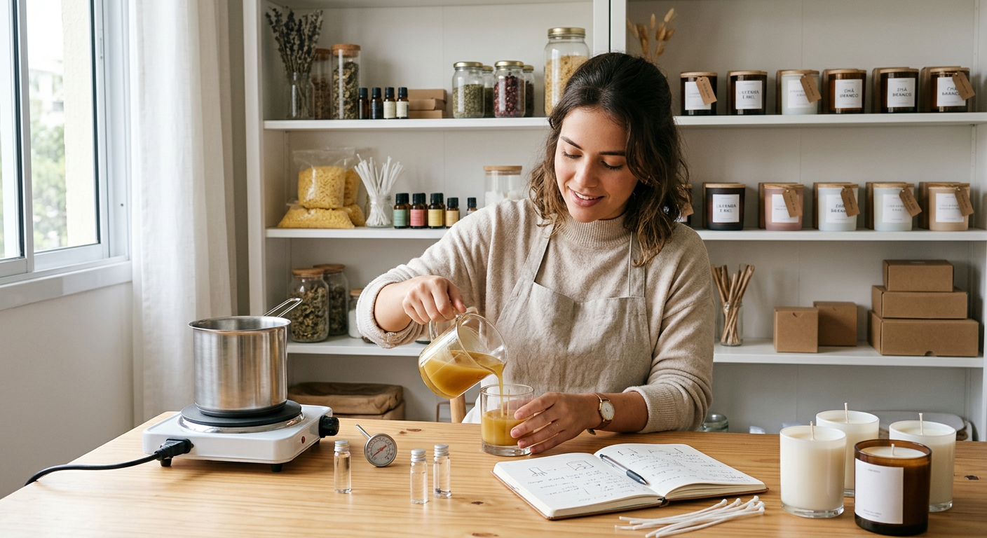 Empreendedora despeja cera derretida em potes de vidro para fabricar velas artesanais.