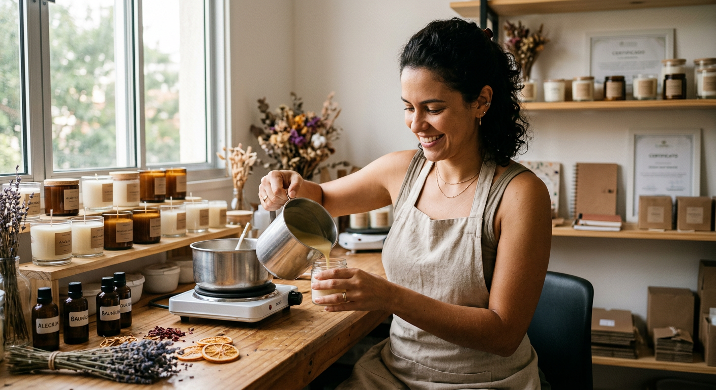 Artesã fazendo velas artesanais, com ícones ilustrando vantagens do MEI para o negócio.