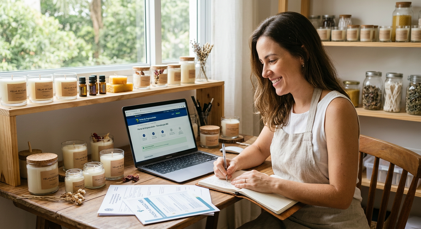 Mulher abre MEI para vender velas artesanais, com material de trabalho à mostra.