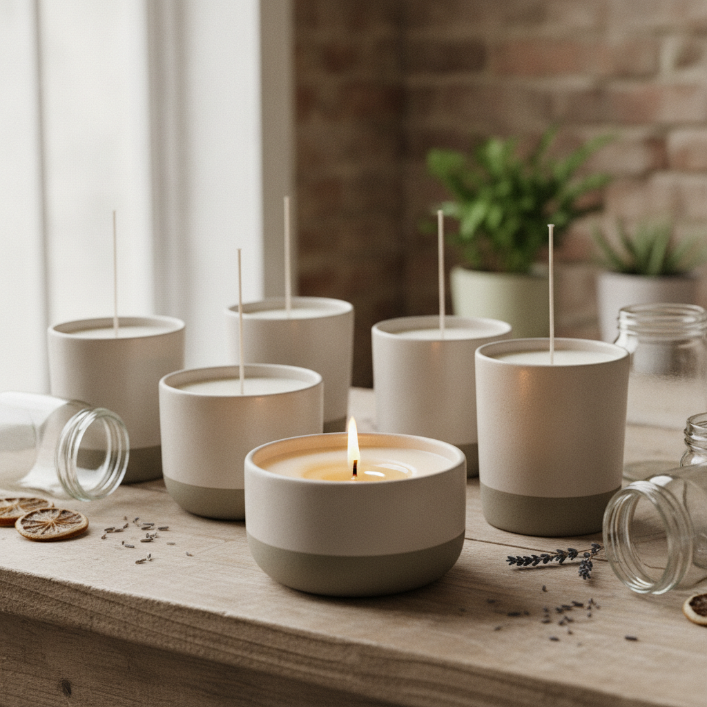 Velas artesanais com pavio centralizado, um detalhe crucial para queima uniforme e estética impecável.