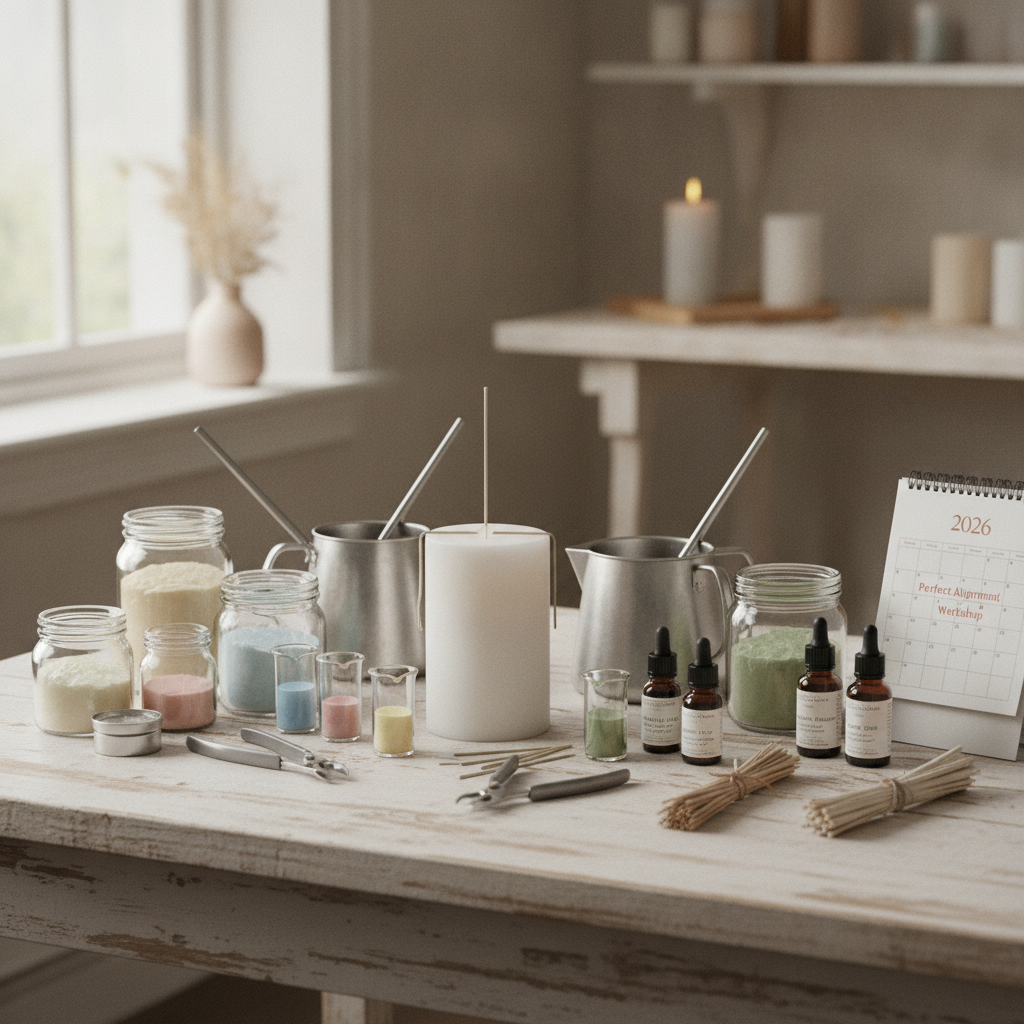 Materiais para fazer velas: potes com cera, essências e pavios. Calendário com