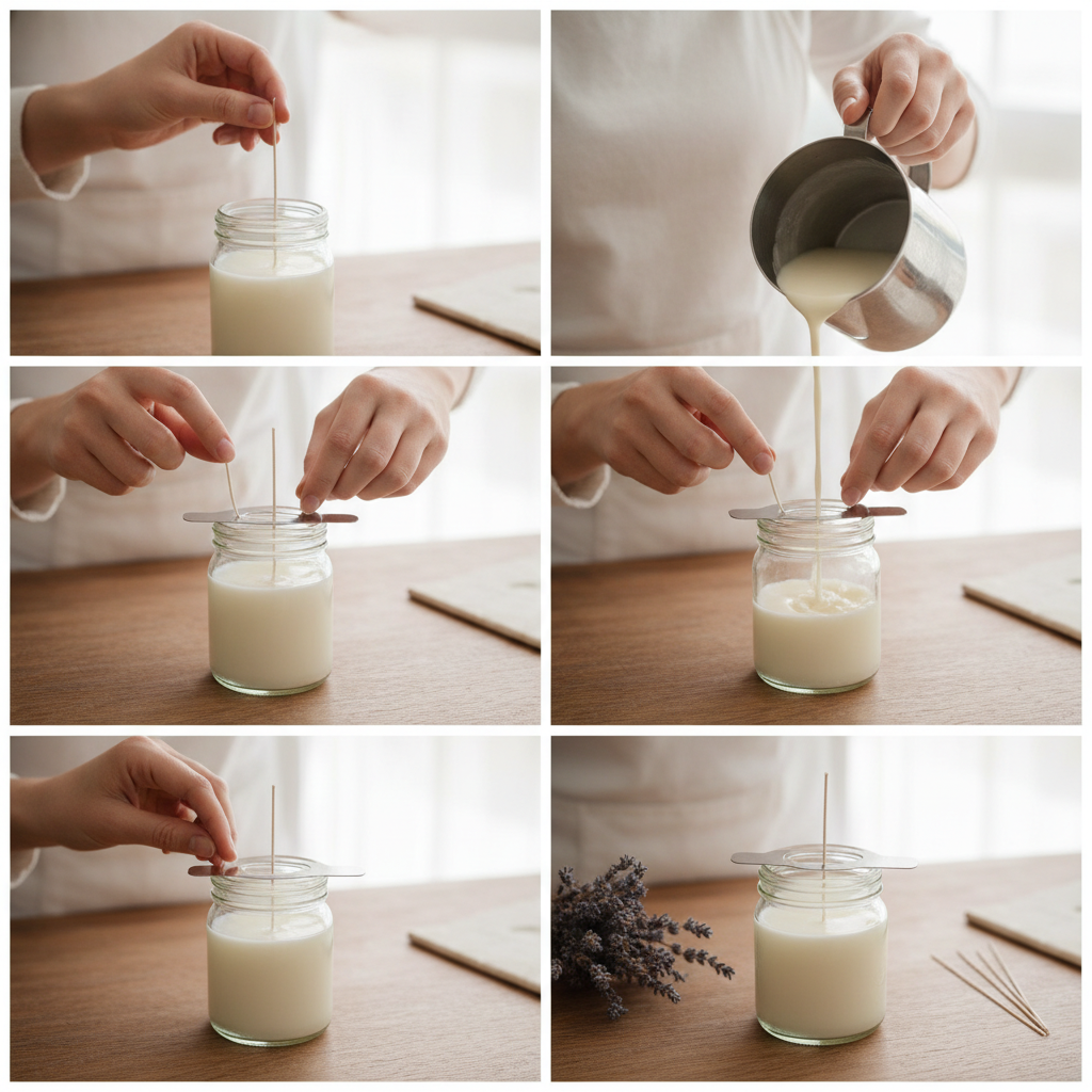 Colagem de imagens demonstrando o processo de centralização do pavio em um pote de vela artesanal.