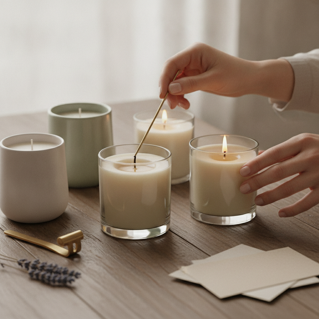 Mãos ajustando pavio torto em vela acesa, rodeada por outras velas e acessório.