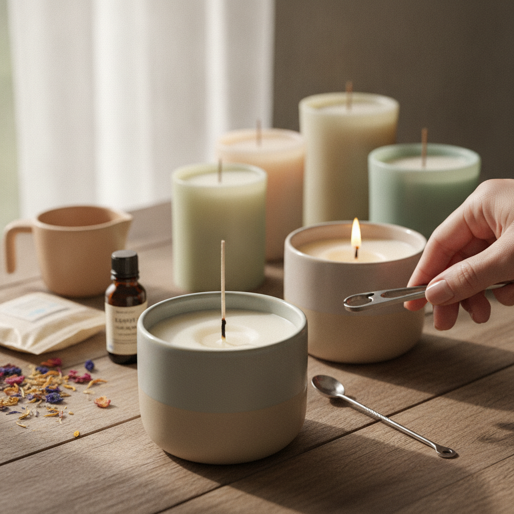 Mãos arrumando pavio de vela artesanal com pinça. Várias velas coloridas ao fundo.