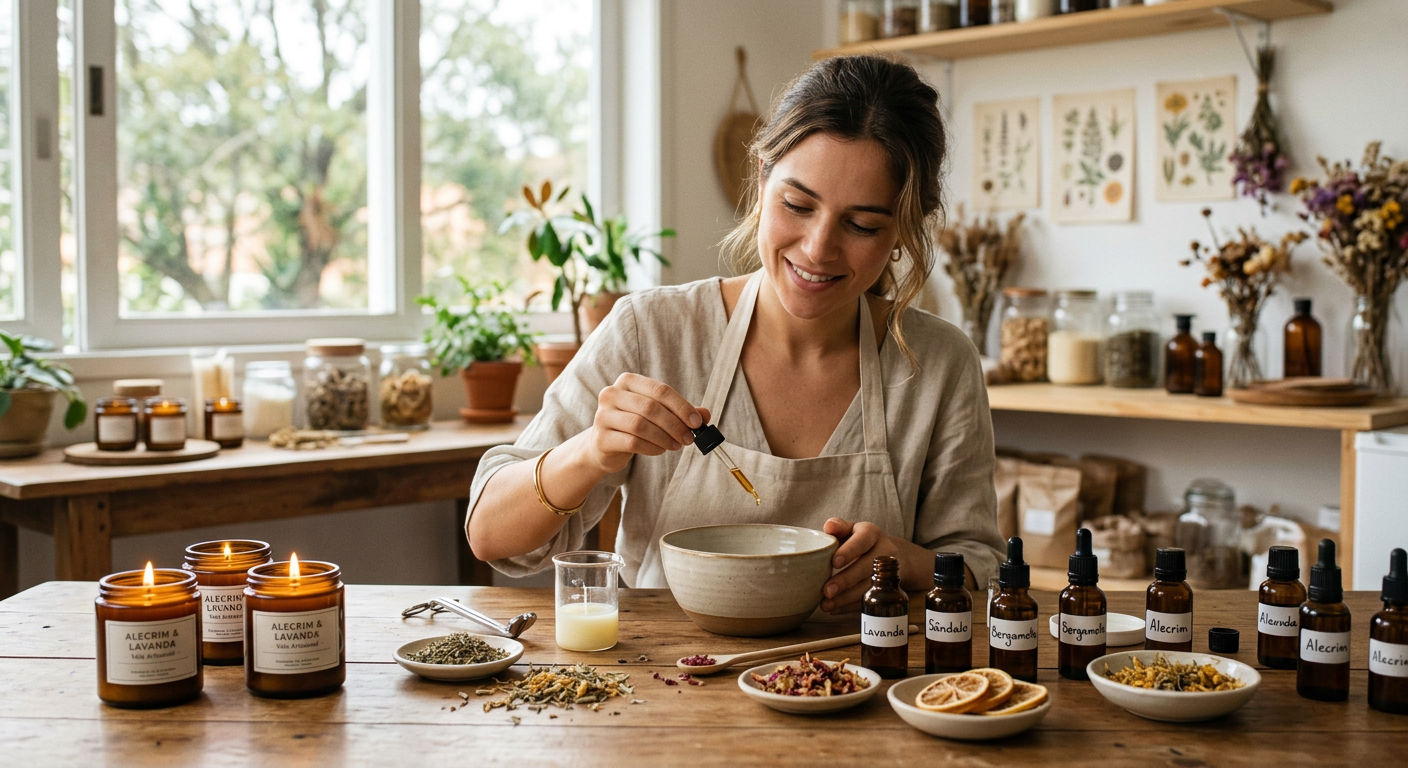 Mulher sorrindo adicionando essência em tigela com velas aromáticas e ingredientes naturais.