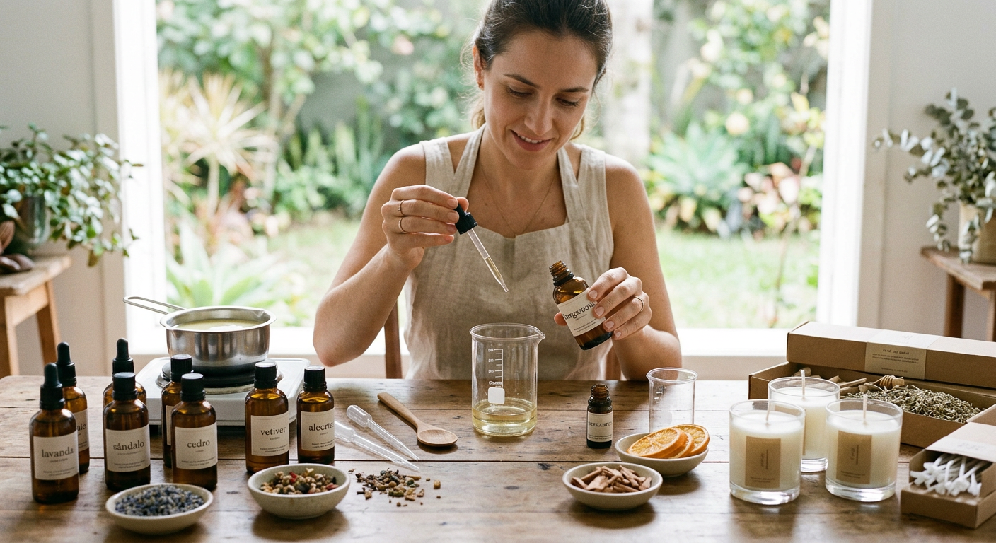 Mulher prepara aromas para velas artesanais, usando essências e óleos essenciais.