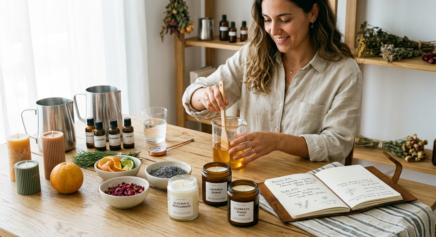 Mulher preparando velas artesanais em mesa com ingredientes, frascos e notebook.