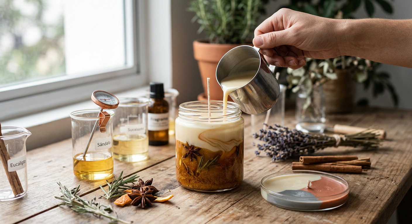 Produzindo vela artesanal: despejando cera em recipiente com ervas e especiarias.