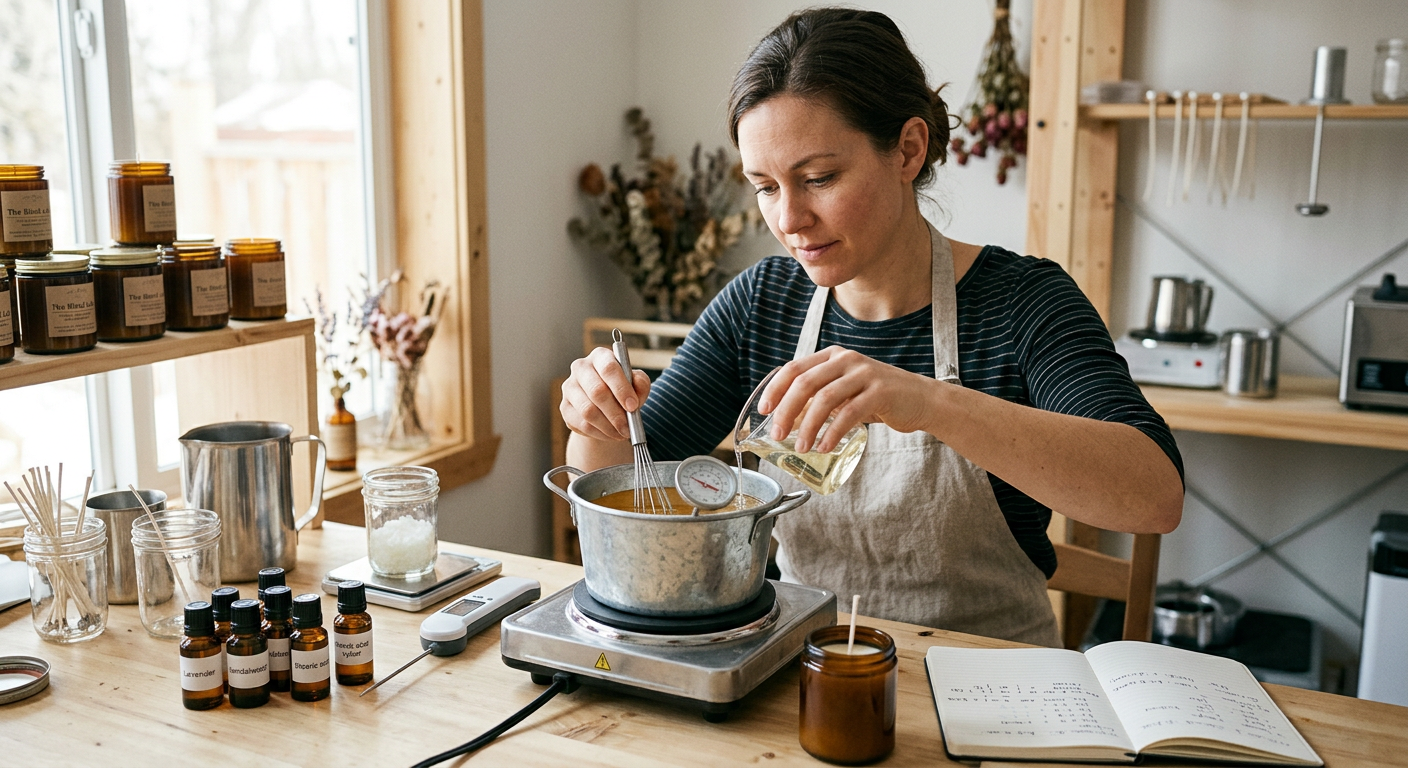 Mulher ajusta o blend de velas artesanais, adicionando líquido a banho-maria com termômetro.