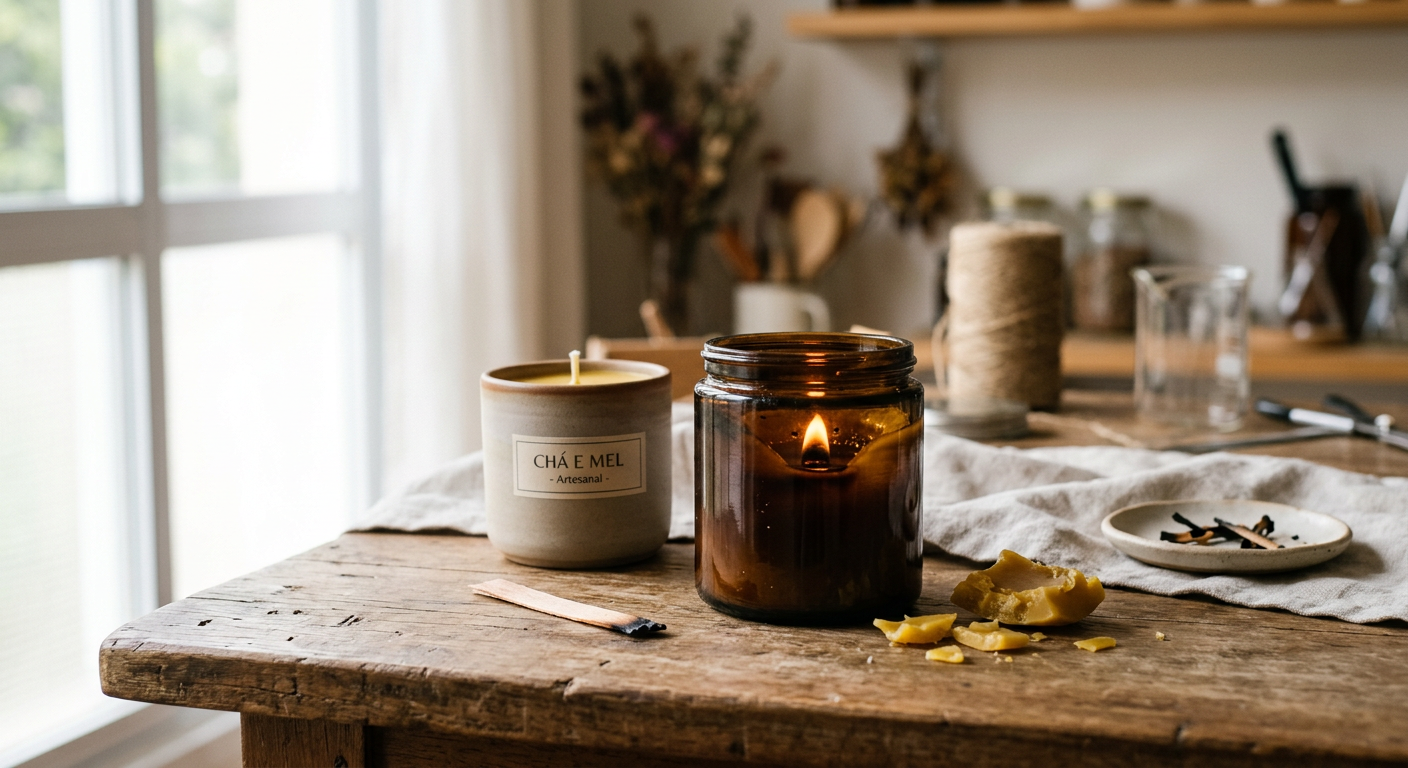 Velas artesanais em potes, uma acesa em âmbar, indicando desperdício.