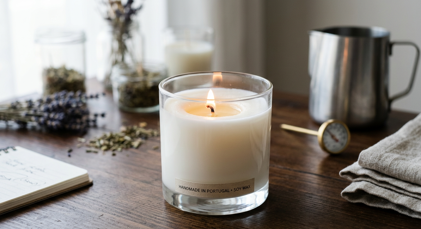 Vela de soja artesanal acesa num copo de vidro, rodeada de lavanda e ingredientes.
