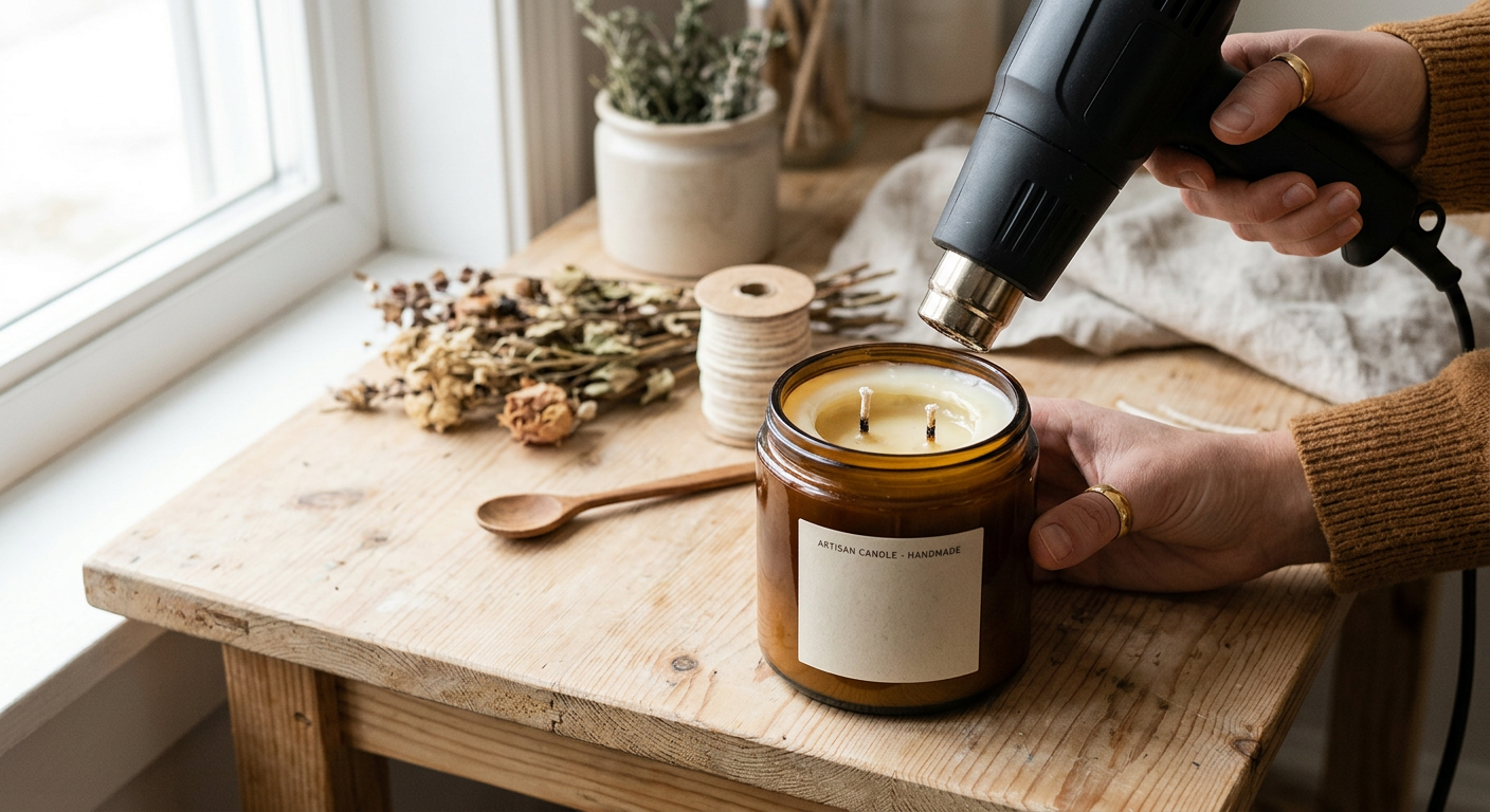 Pessoa usa soprador térmico para derreter a cera de uma vela artesanal em um pote de vidro âmbar.