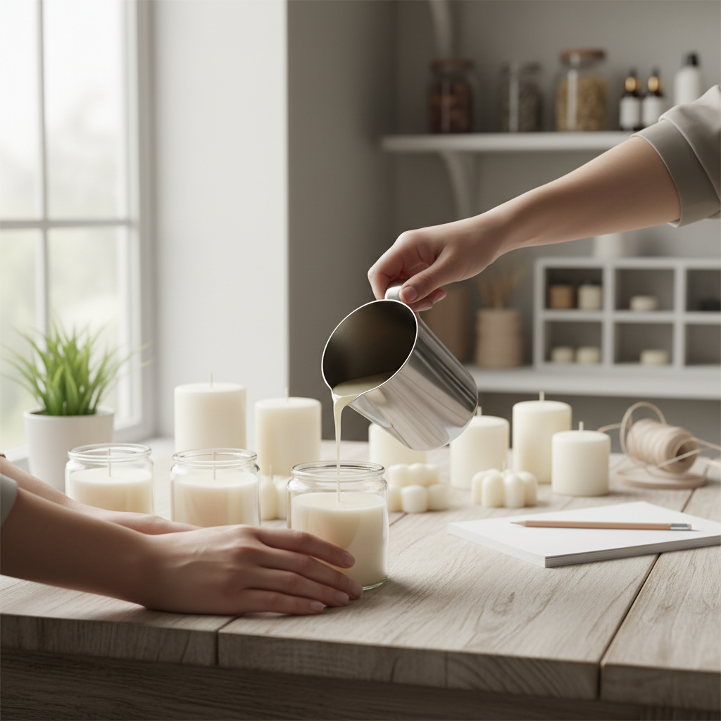 Mãos despejam cera derretida em um pote de vidro com velas. Guia de velas artesanais.