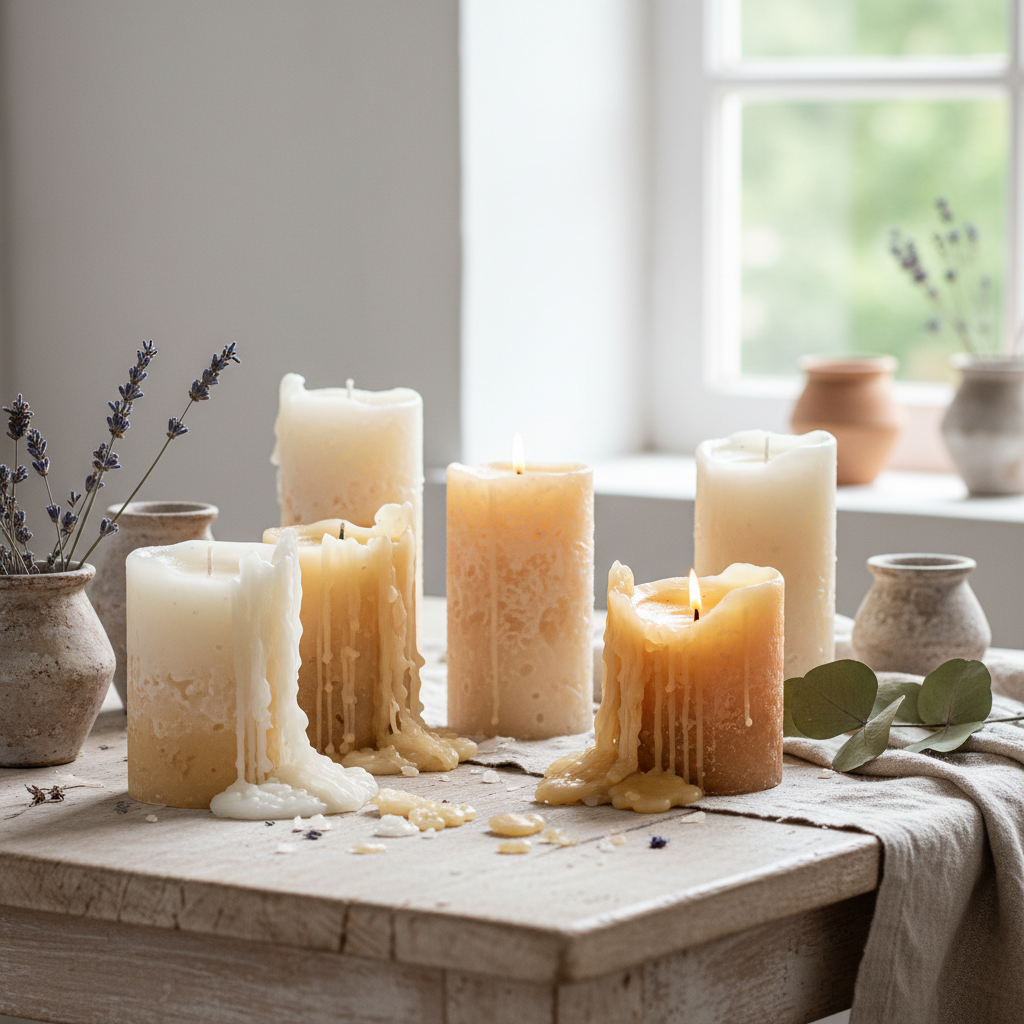 Velas artesanais de cera natural com cera derretida, em uma mesa rústica com lavanda.