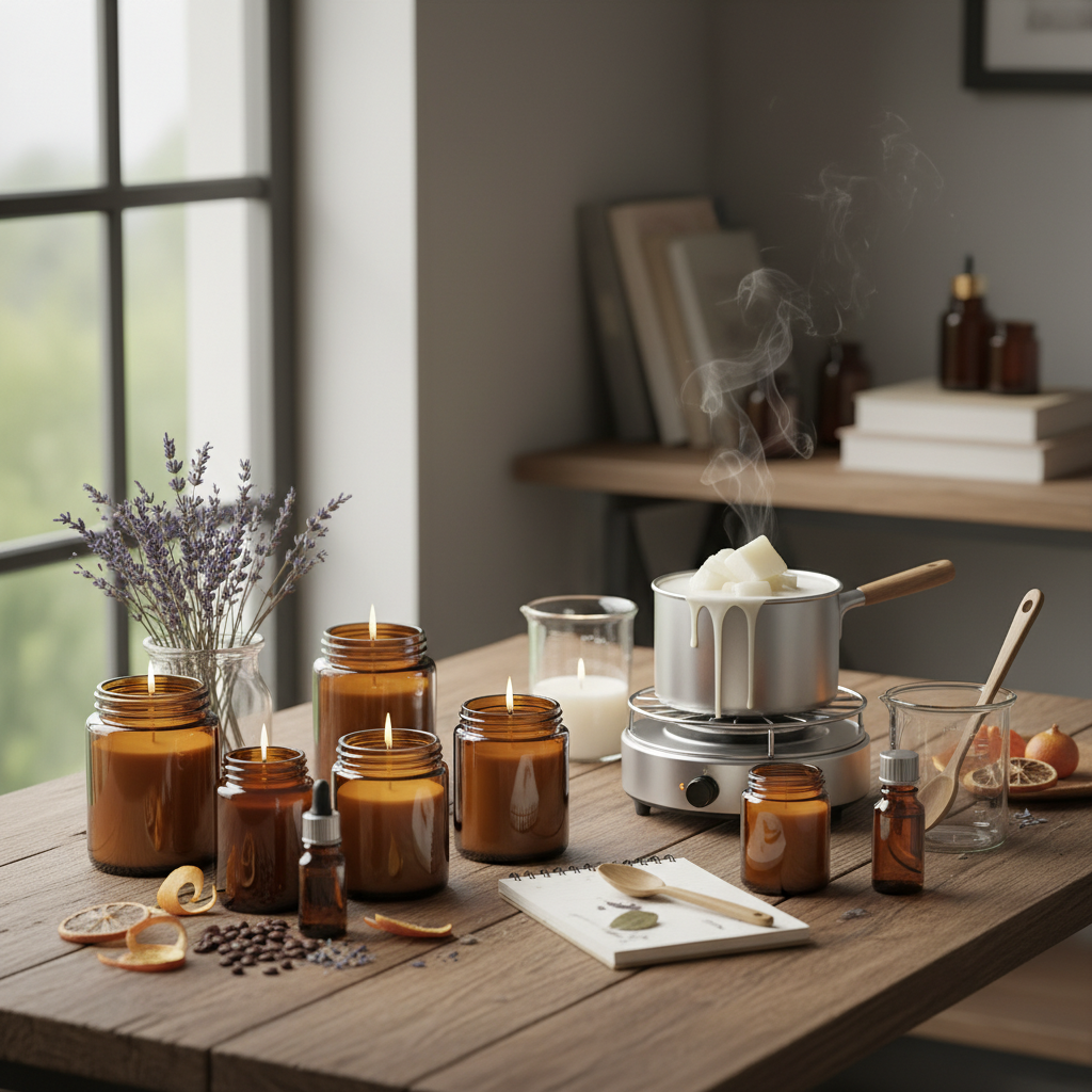 Velas artesanais em âmbar com lavanda, utensílios e cera derretendo.