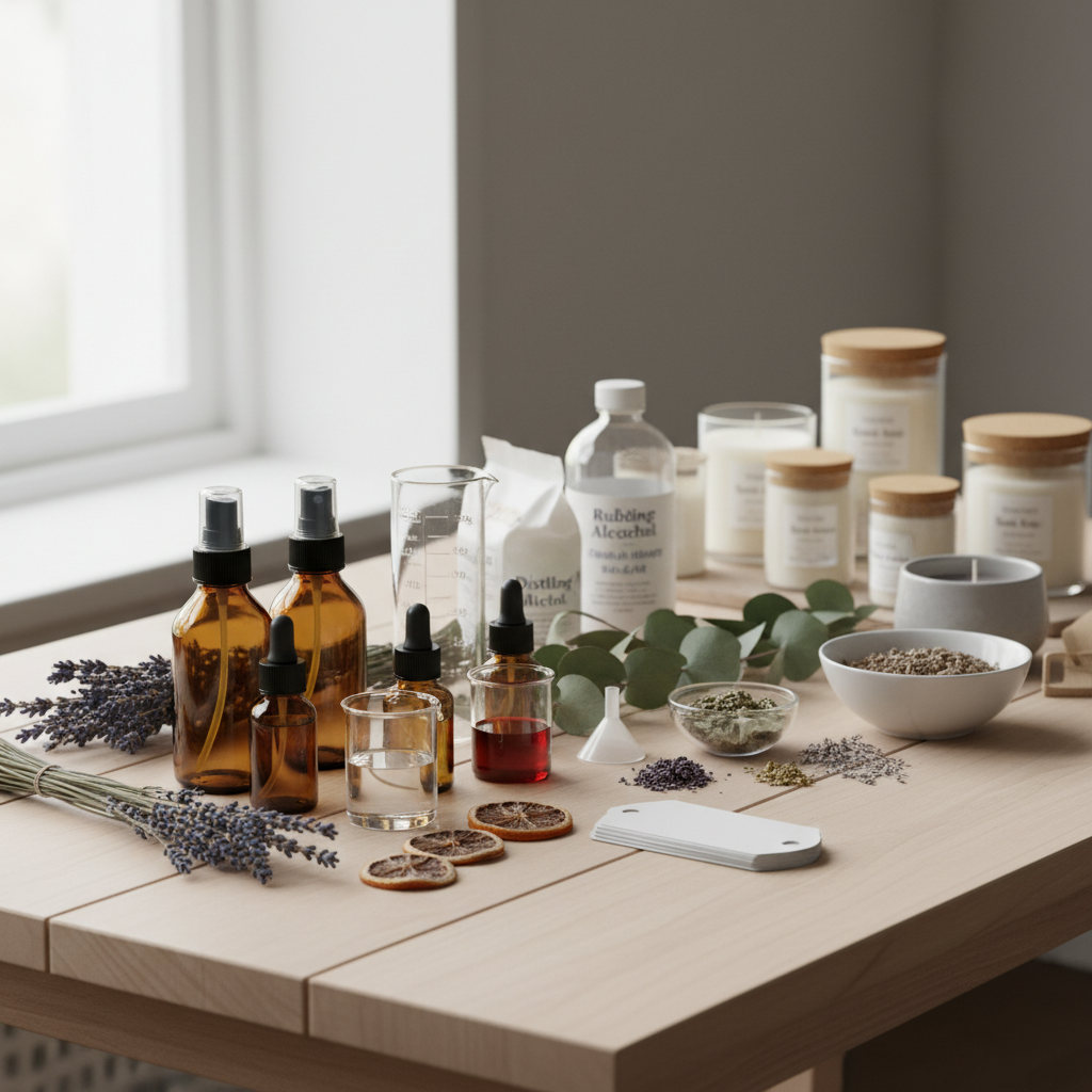 Materiais para fazer home spray: frascos âmbar, álcool, óleos, buquê de lavanda, rodelas de laranja e vasos de cera.