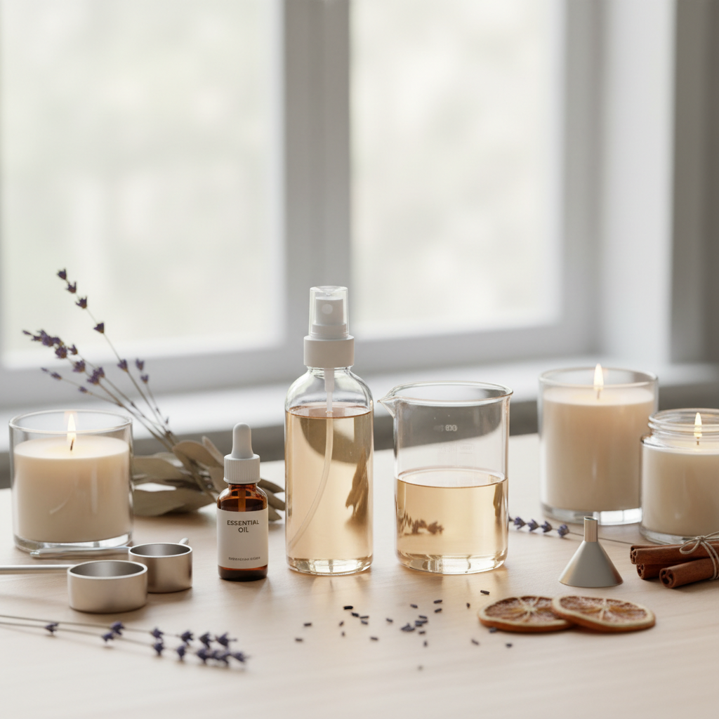 Velas acesas, frascos de óleo essencial e spray, em uma mesa com ingredientes para fazer home spray artesanal.