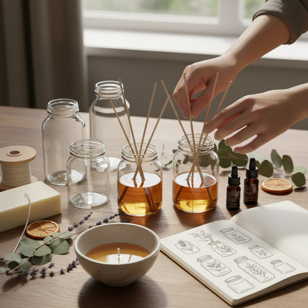 Mãos arrumam varetas em difusores artesanais. Ingredientes para velas e aromatizadores.