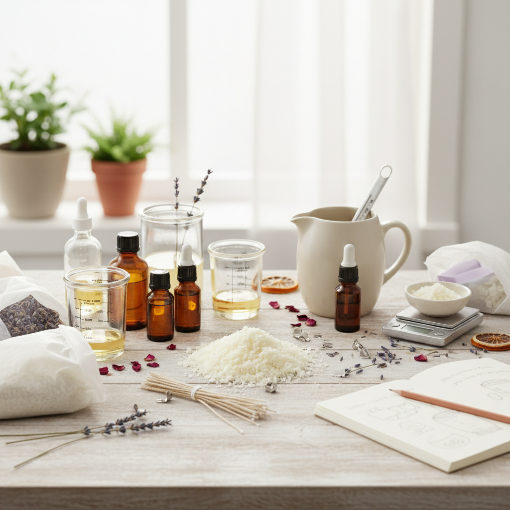 Materiais para fazer velas: cera, óleos, recipientes, pavios e plantas em vasos.