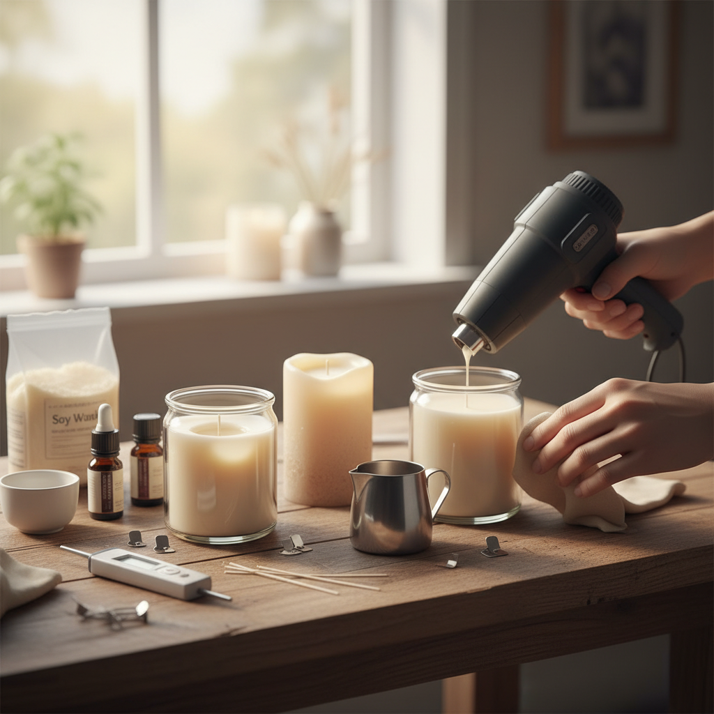 Produção de velas: derretendo cera com soprador térmico, consertando imperfeições.