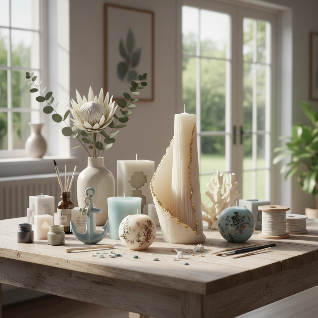 Velas artesanais de diversos formatos e decorações em mesa de madeira, com flores e ferramentas.