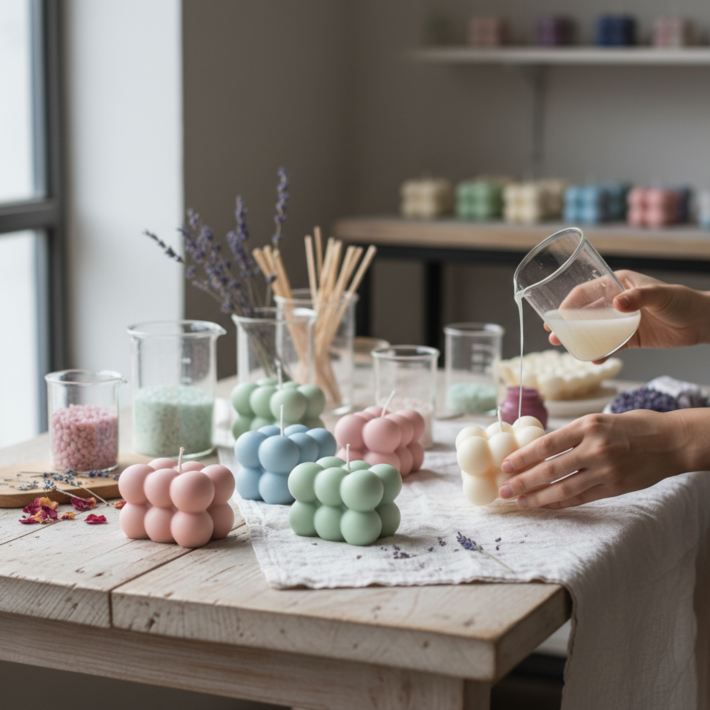 Velas bubble cube coloridas em mesa de madeira, com cera sendo despejada em uma.