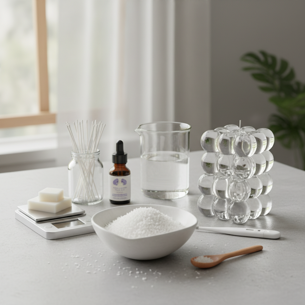 Materiais para fazer vela bubble cube: cera, pavios, óleo, termômetro e um molde.