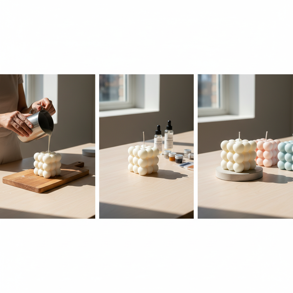 Velas bubble cube artesanais em processo de fabricação e finalizadas em diversas cores.