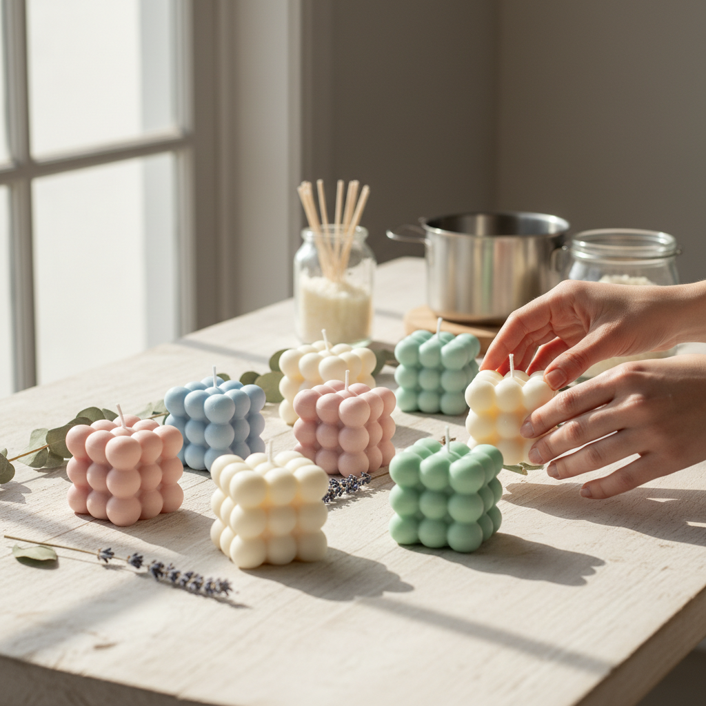 Velas bubble cube artesanais em tons pastel arranjadas em uma mesa, com mãos adicionando uma vela amarela.