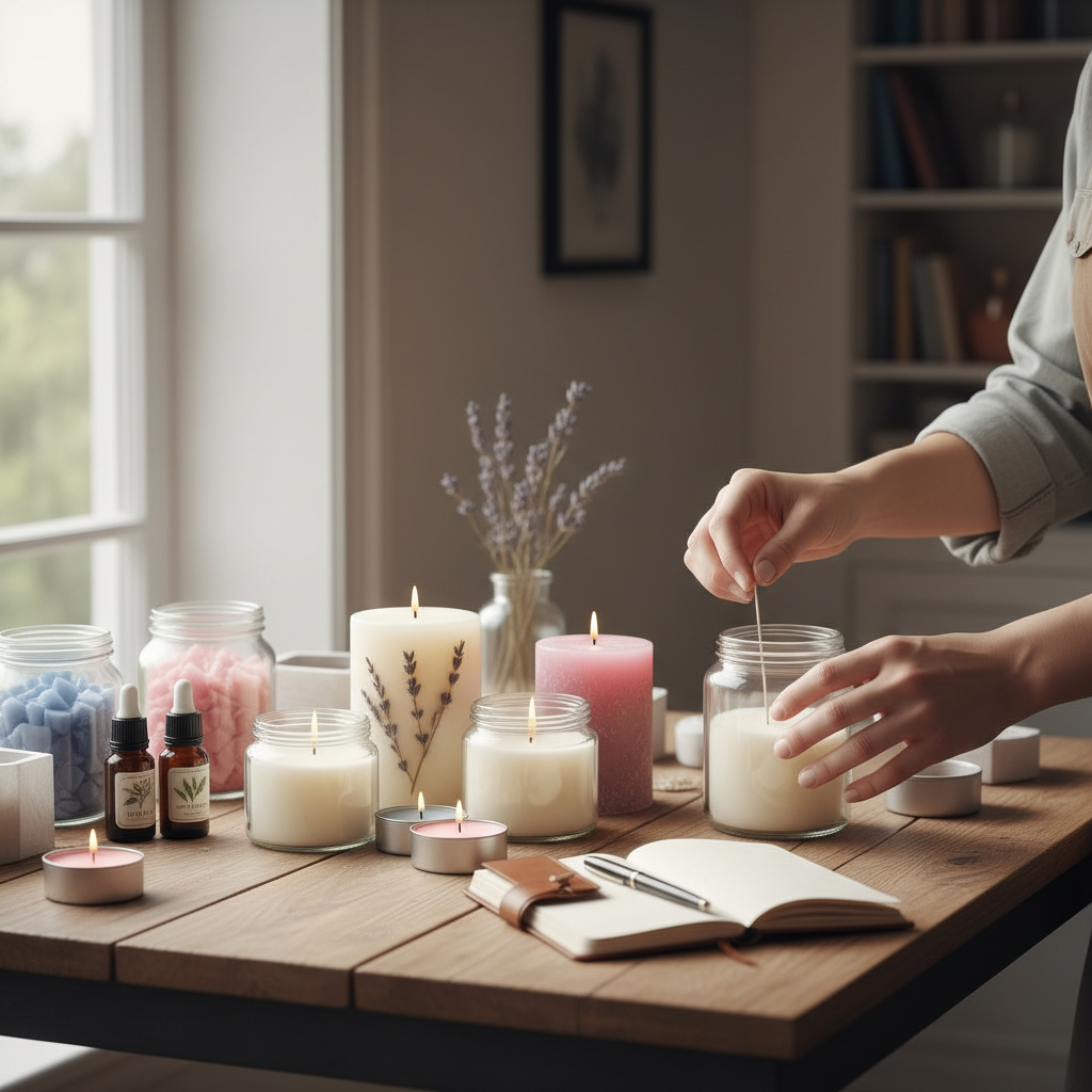 Mãos fazendo velas artesanais, cercadas por ingredientes, essências e velas prontas.