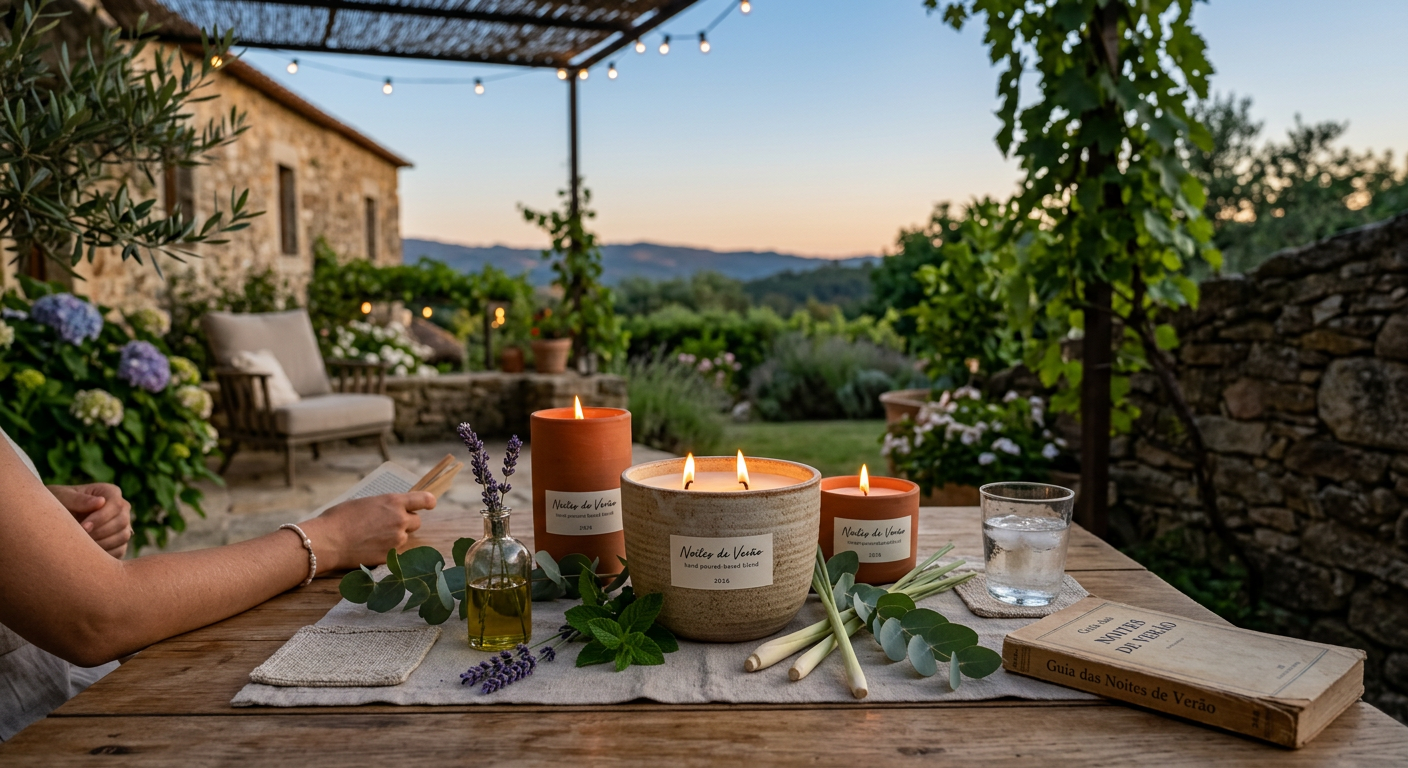 Close-up de velas artesanais em mesa de madeira, com ambiente de verão ao entardecer.