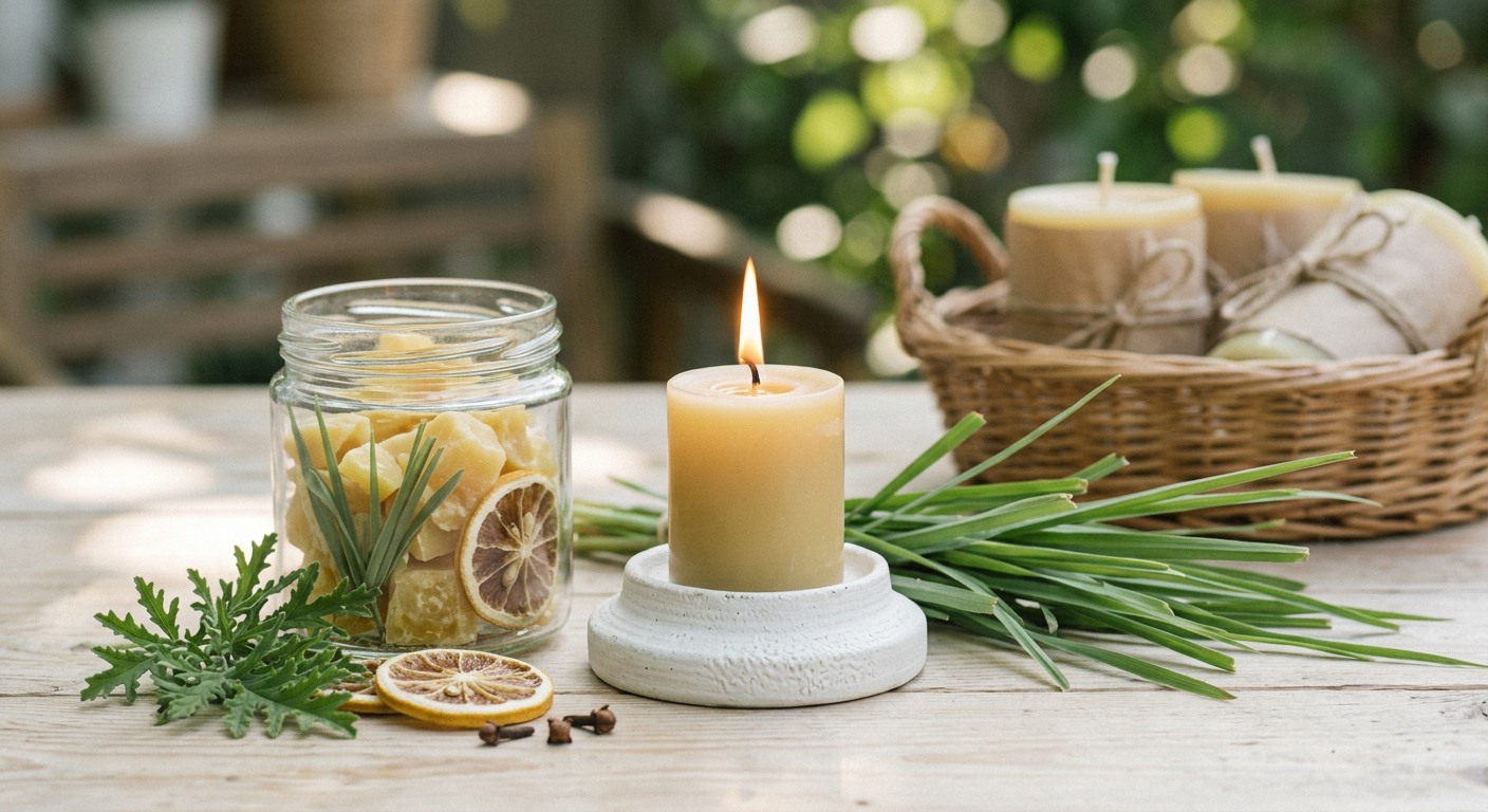 Vela de citronela com ingredientes naturais e folhas verdes.