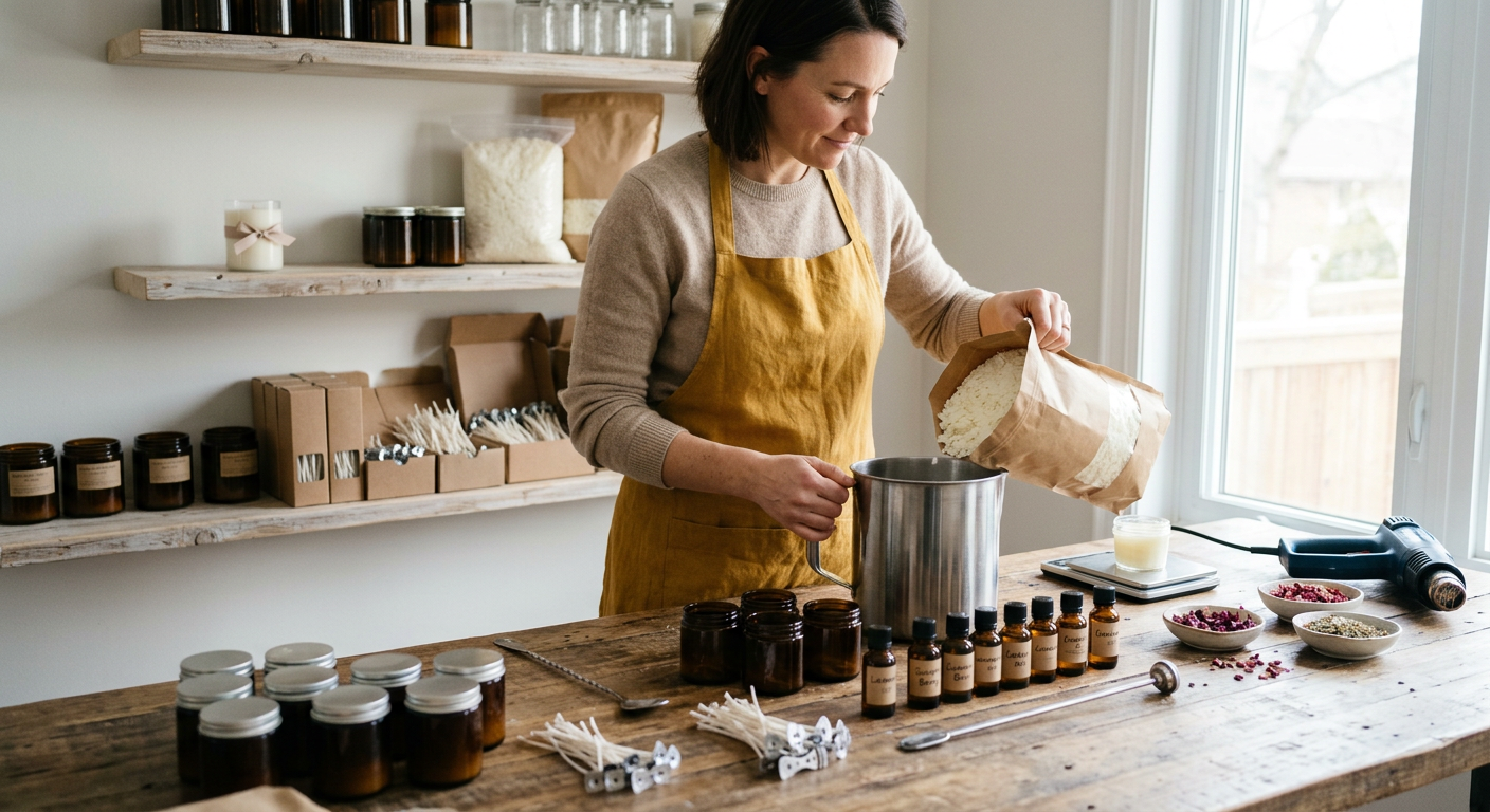 Mulher de avental adicionando cera a um recipiente metálico com materiais para fazer velas.