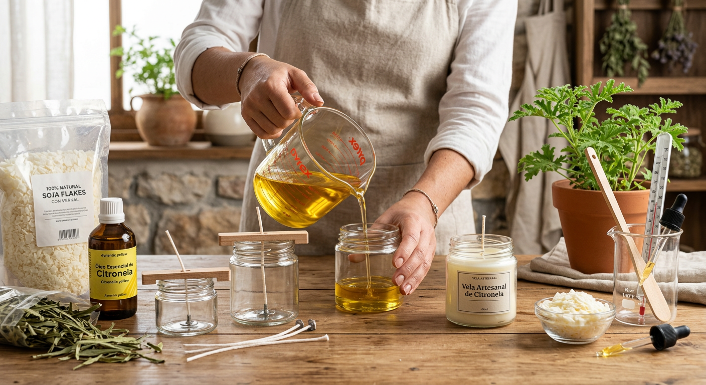 Processo de fabricação de vela de citronela com cera de soja e óleo essencial.
