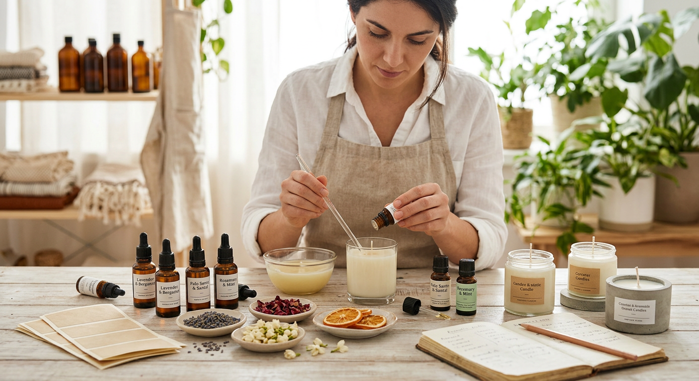 Mulher adiciona aroma a vela artesanal com ingredientes e óleos essenciais ao lado.