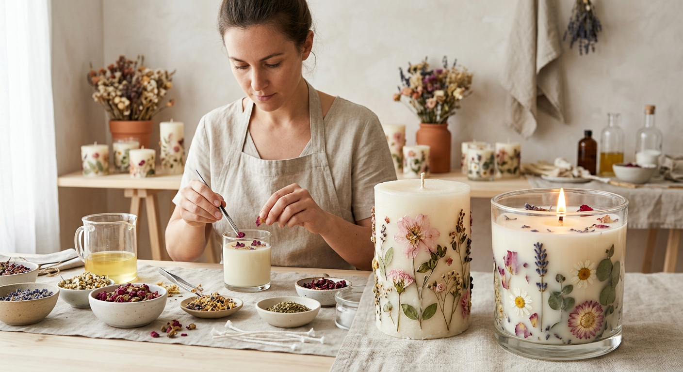 Mulher habilidosa cria velas botânicas artesanais com flores secas, decorando-as delicadamente.