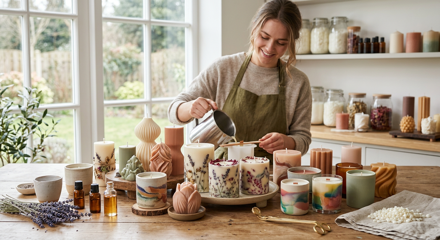 Mulher faz velas artesanais, com destaque para formas decorativas, essências e ervas.