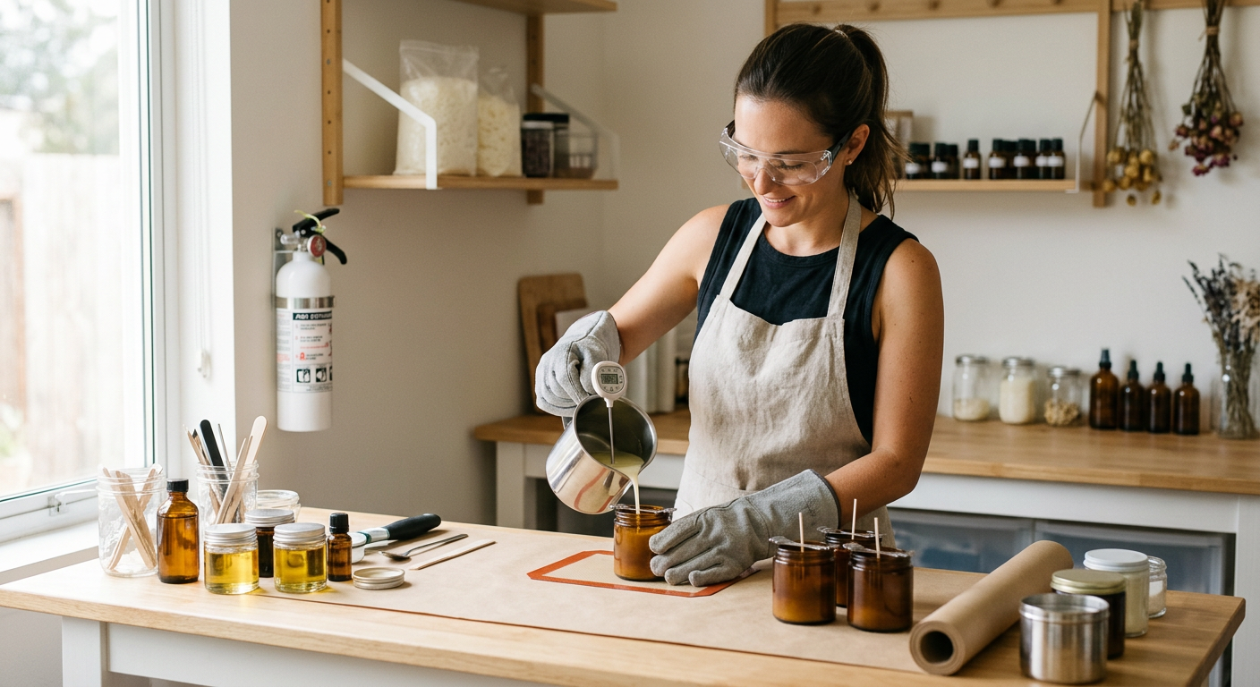 Mulher faz velas artesanais com óculos de segurança. Extintor à vista, demonstra cuidado.