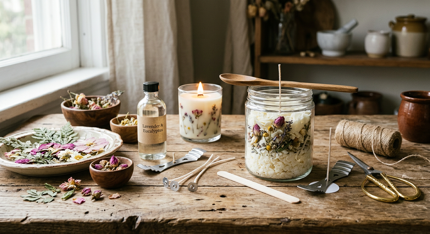 Materiais para fazer velas com flores secas: cera de soja, flores, lavanda e azeite.