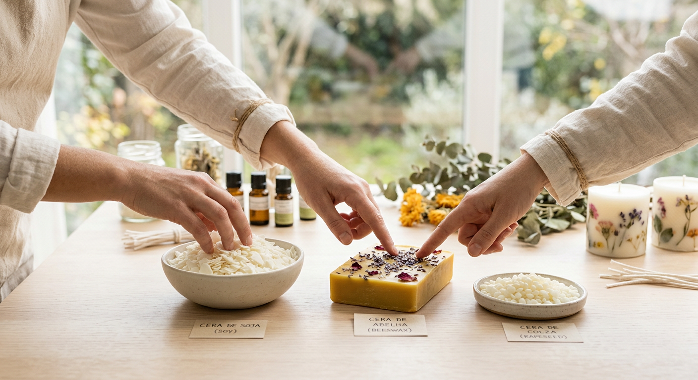 Mulher em avental escolhendo entre taças com diferentes tipos de cera para velas artesanais.